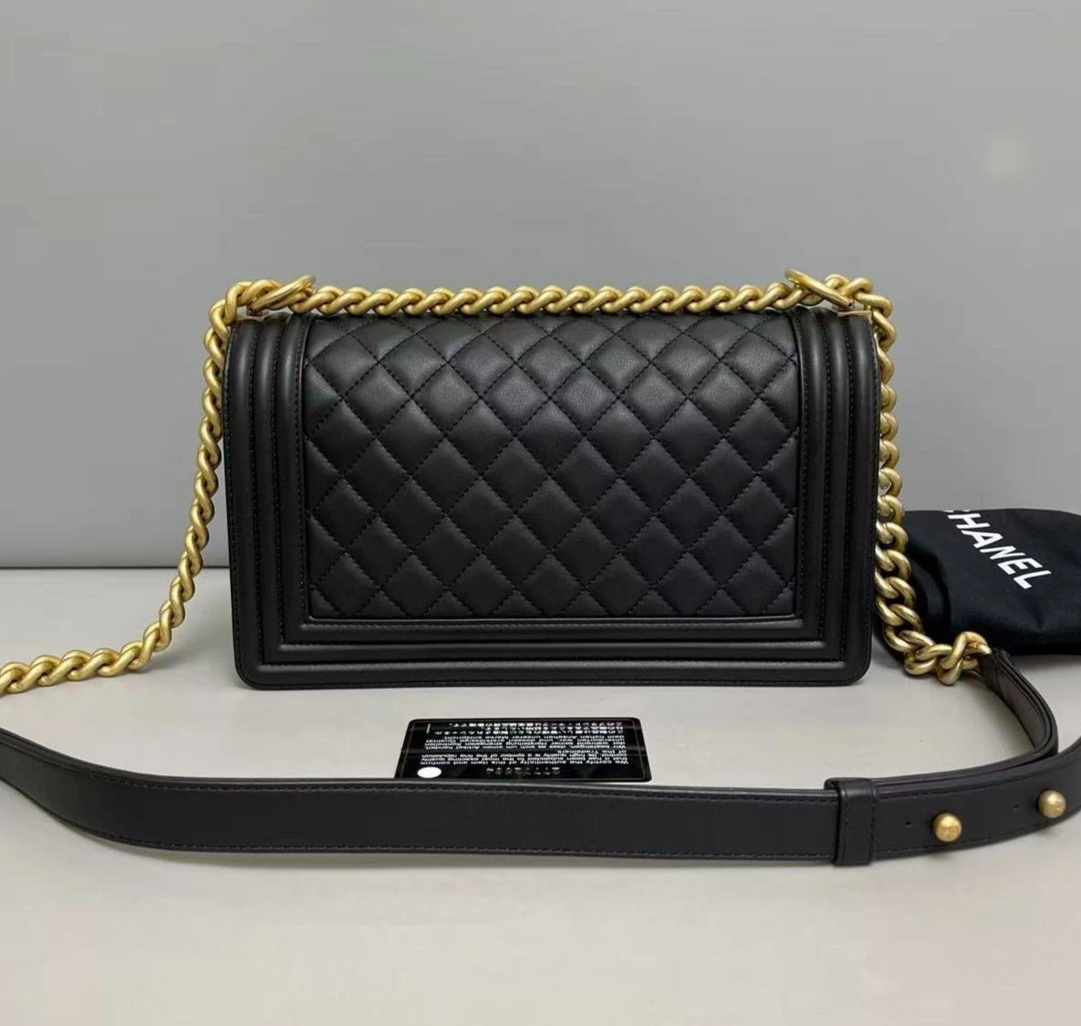 Chanel Leboy MM Calfskin Diamond Shoulder Bag Crossbody Bag Black Excellent