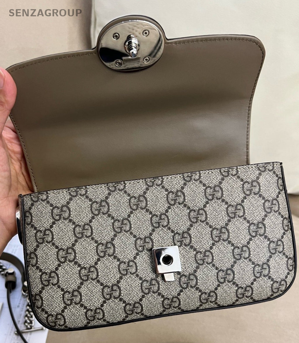 Gucci GG Supreme 2Way Shoulder Bag Crossbody Brown Silver Women Classic