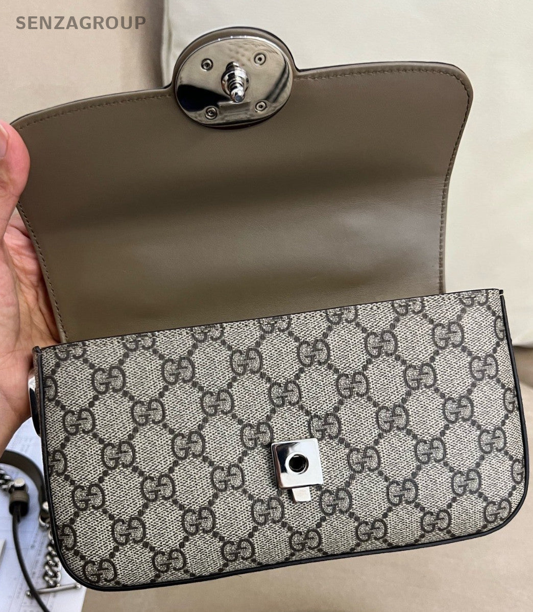 Gucci GG Supreme 2Way Shoulder Bag Crossbody Brown Silver Women Classic
