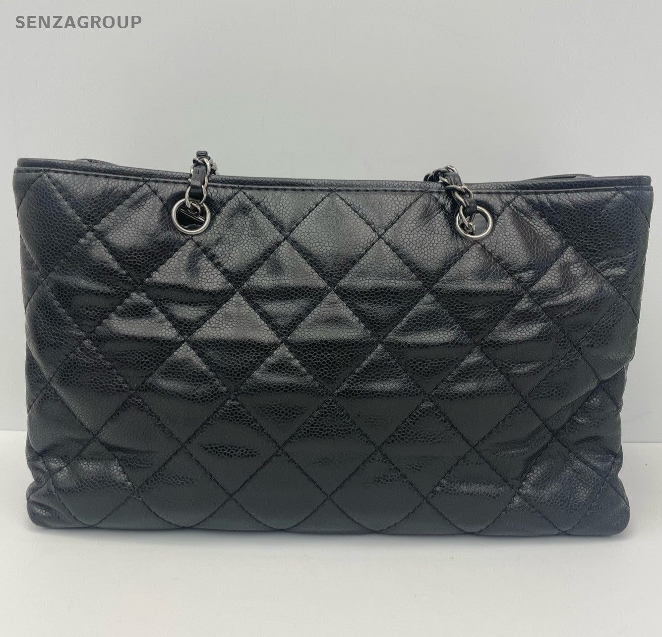 Chanel Calfskin Diamond Chain Tote Shoulder Bag Black Silver Women Classic