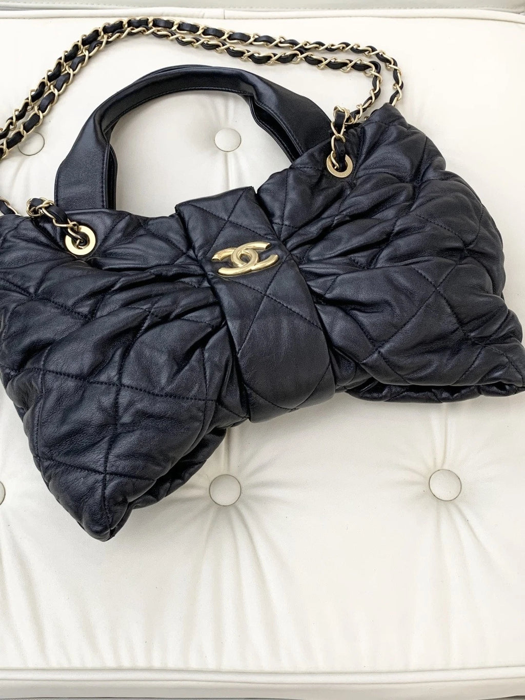 Chanel Lambskin MM 2Ways Top Handle Shoulder Bag Black Gold Hardware Women S
