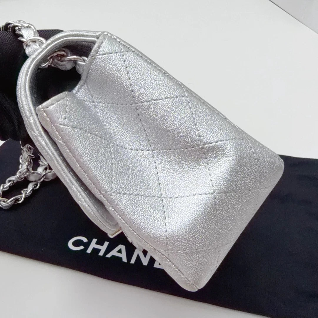 Chanel Classic Flap Mini Lambskin Silver Diamond Chain Shoulder Bag Crossbody