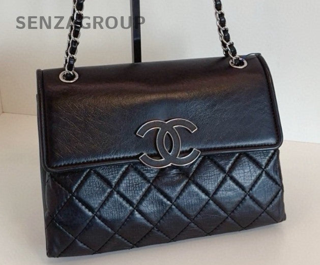 Chanel Diamond Chain Calfskin Black Silver Shoulder Bag Women Classic