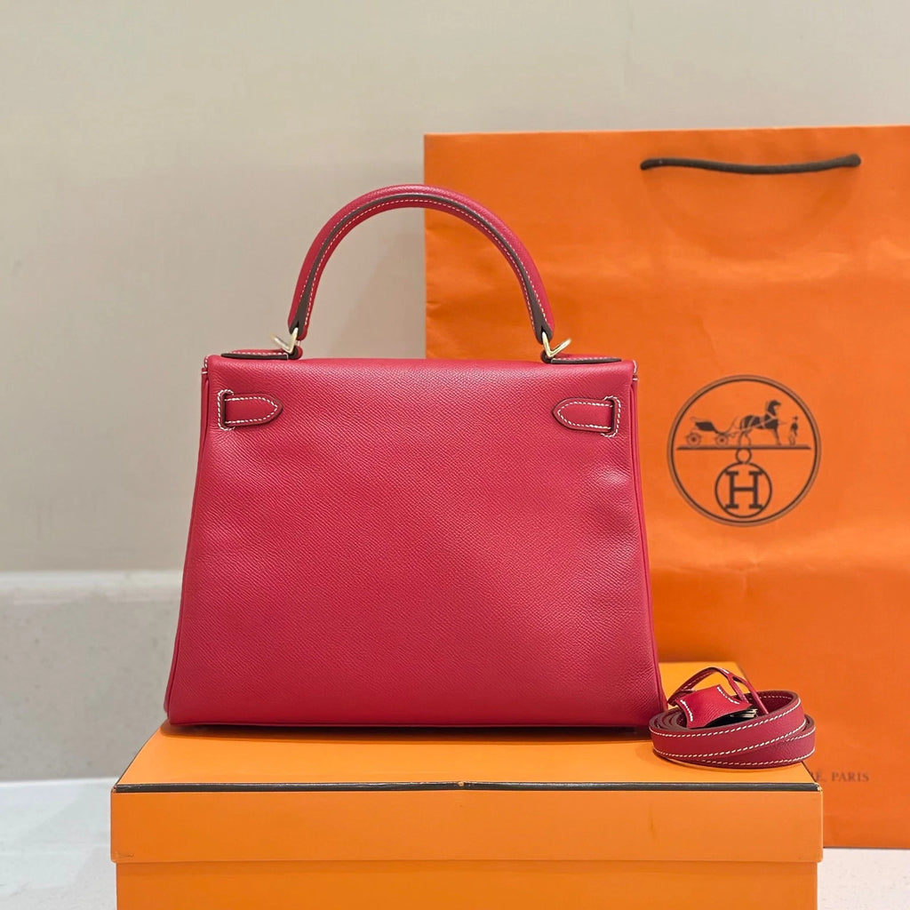 Hermes Red Gold Kelly28 Epsom Top Handle Bag For Women