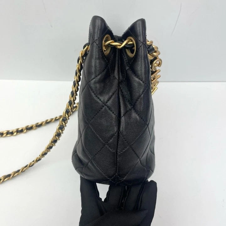 CHANEL Black Gold Lambskin Hobo Bucket Bag For Women
