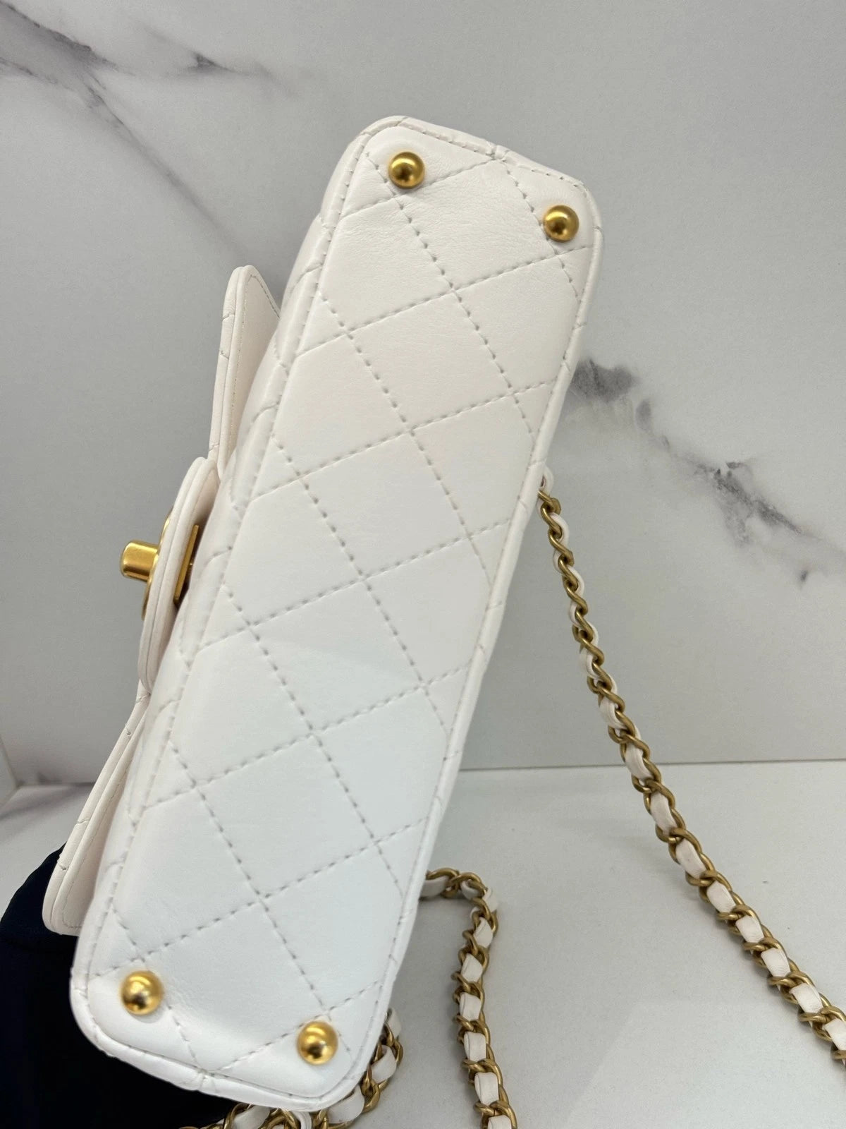 CHANEL Kelly Small Lambskin Flap Top Handle Bag White Gold Women