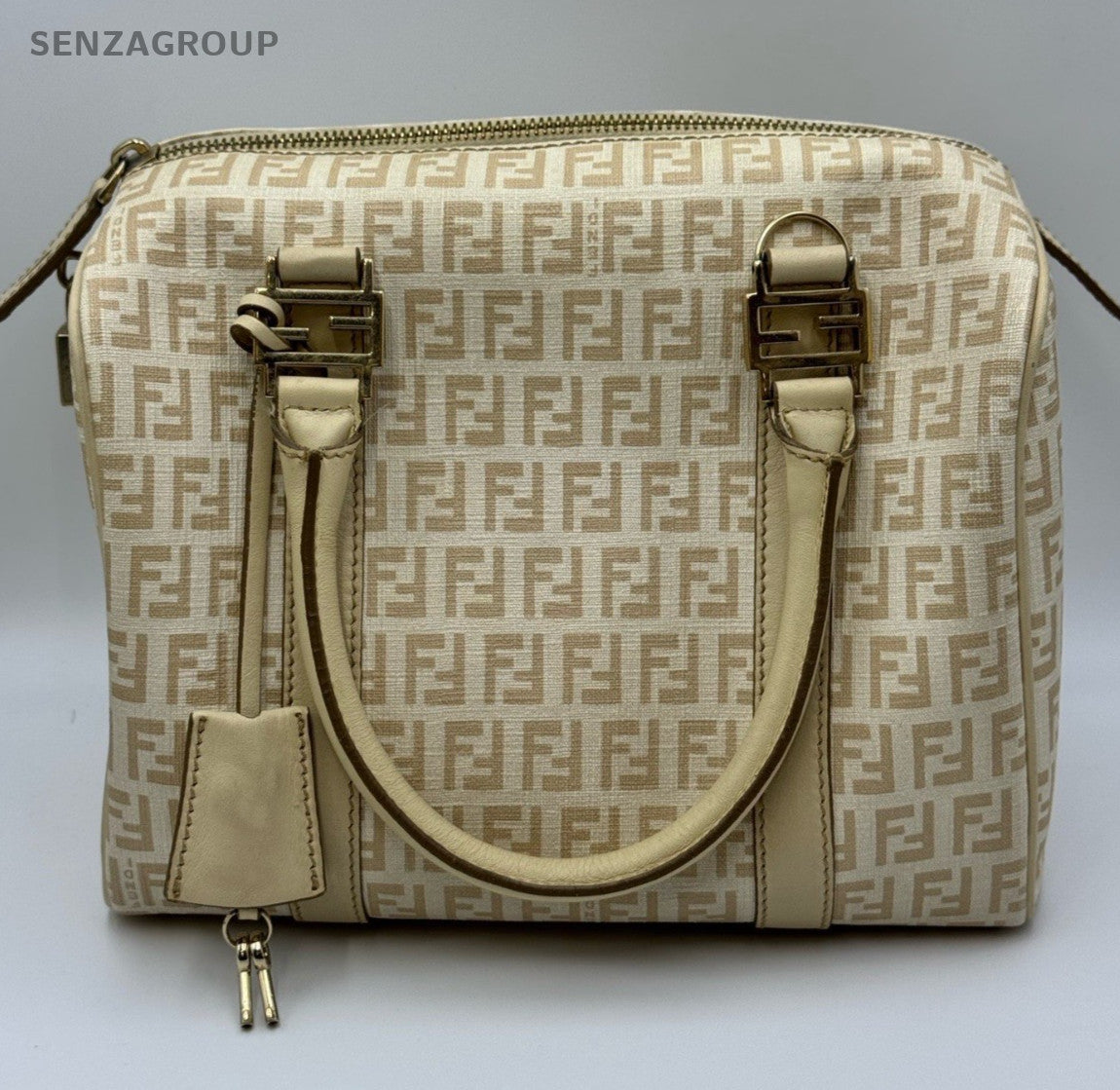 Fendi FF Boston Top Handle Bag Beige Gold Used Women Classic Fashion