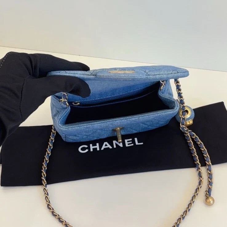 Chanel Classic Flap Denim Chain Shoulder Bag Crossbody Blue Gold Women Fashion