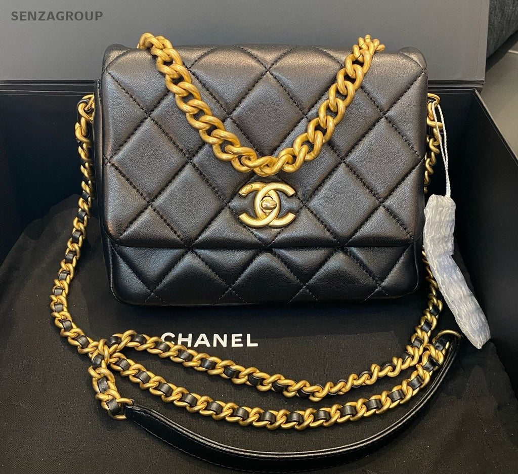 Chanel Diamond Chain Top Handle Shoulder Crossbody Black Gold Women Classic
