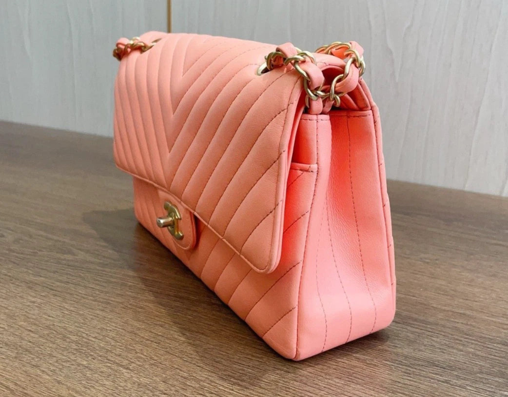 Chanel Classic Flap Calfskin Turn Lock Pink Chain Bag Shoulder Bag Women Classic
