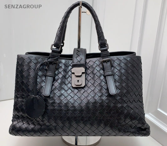 Bottega Veneta Classic Roma Intrecciato Top Handle Shoulder Crossbody Bag Black