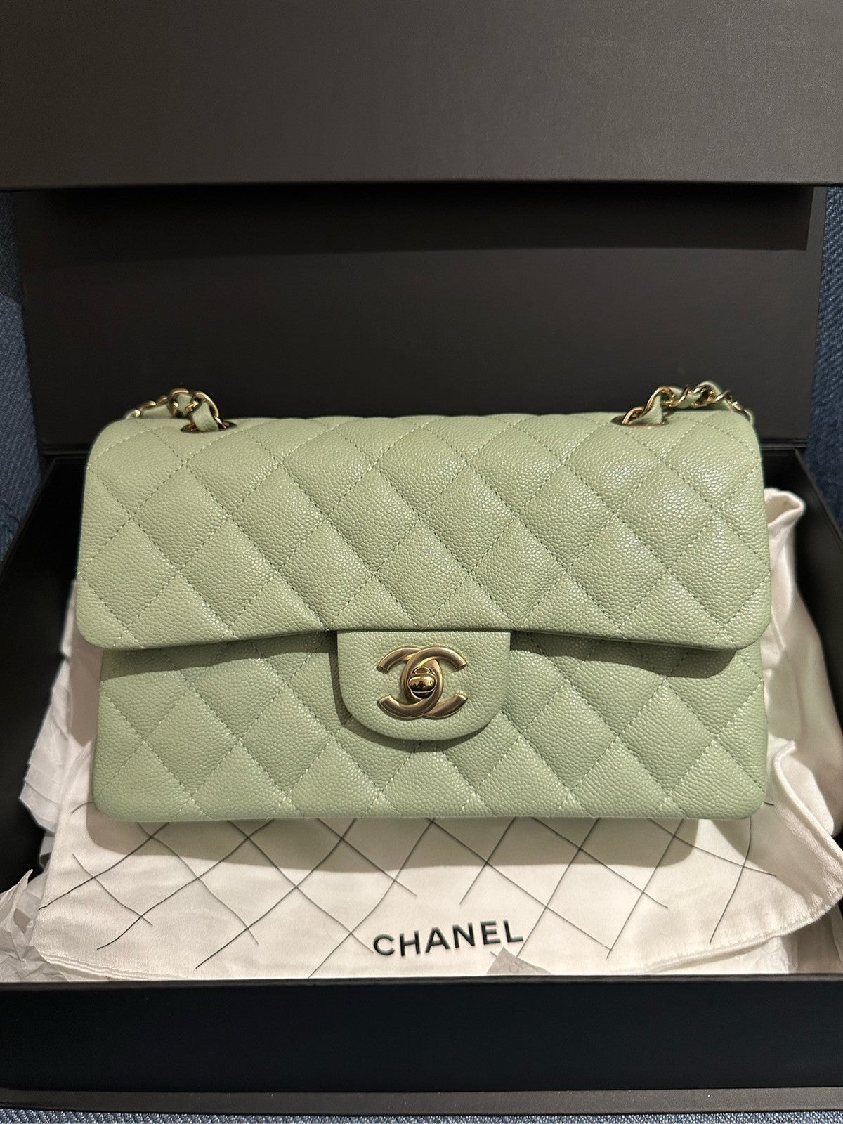 Chanel Classic Flap Small Green Quilted Gold Chain Shoulder Bag