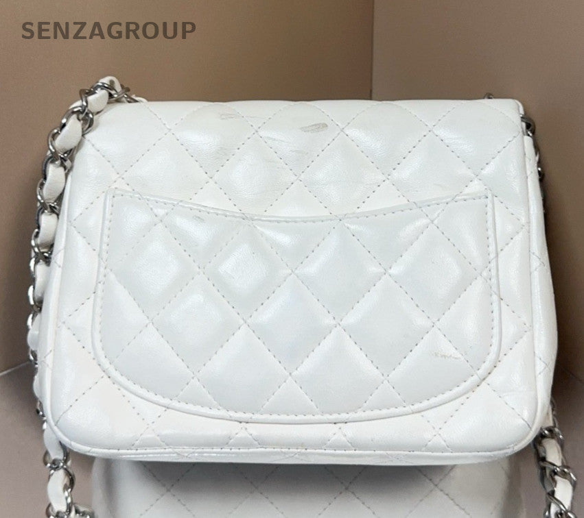 Chanel Classic Flap Lambskin Chain Shoulder Bag Crossbody White Silver Women