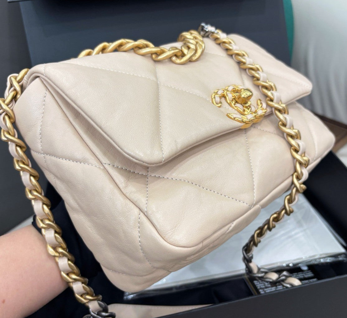 Chanel 19Bag PM Chain Shoulder Bag Crossbody Beige Gold Women Classic Fashion