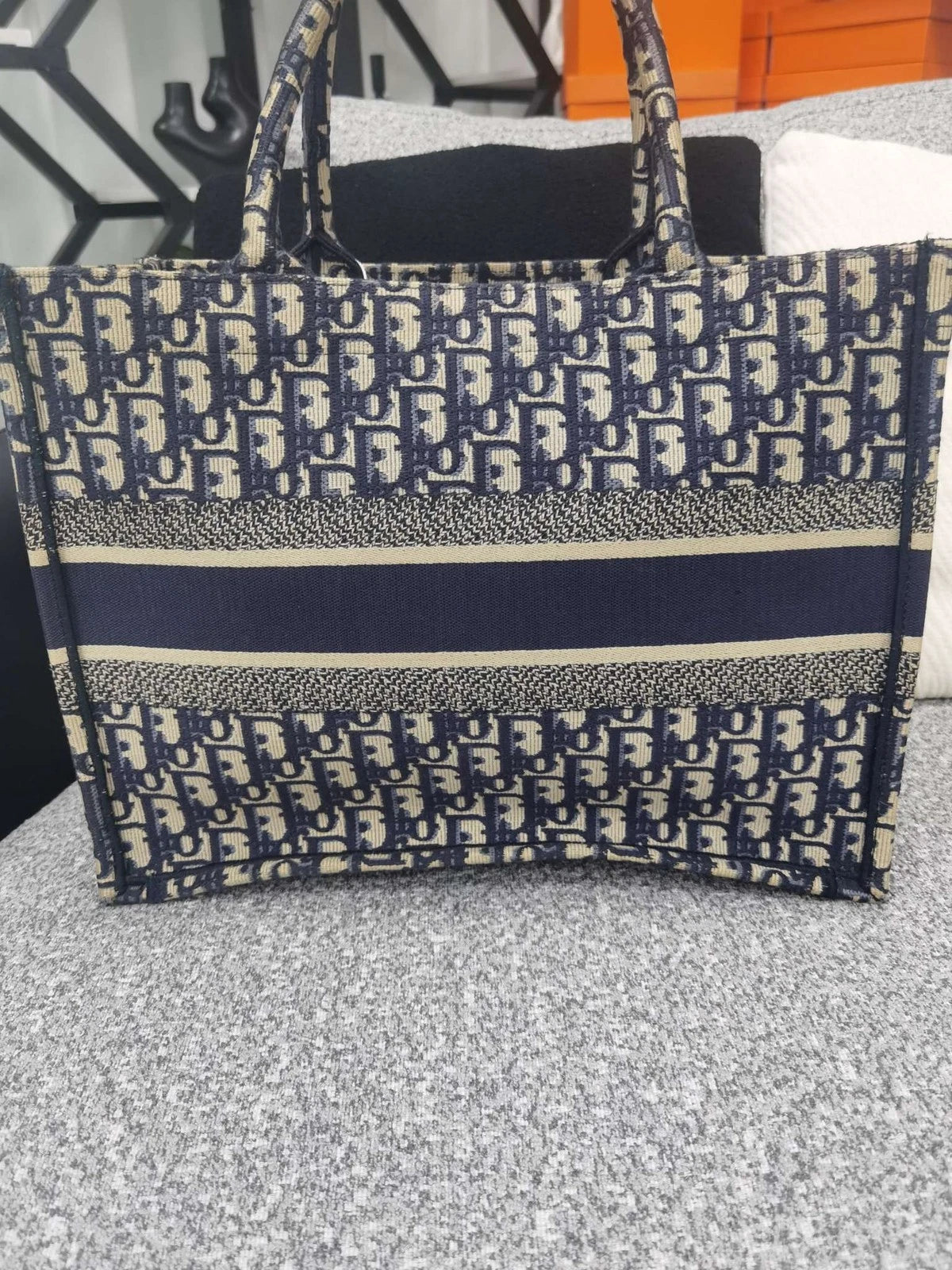 Authentic Dior Blue Denim Oblique Print Medium Tote Handbag For Women