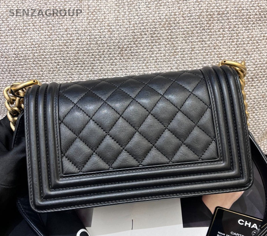 Chanel Leboy PM Calfskin Chain Shoulder Bag Crossbody Black Gold Women Classic