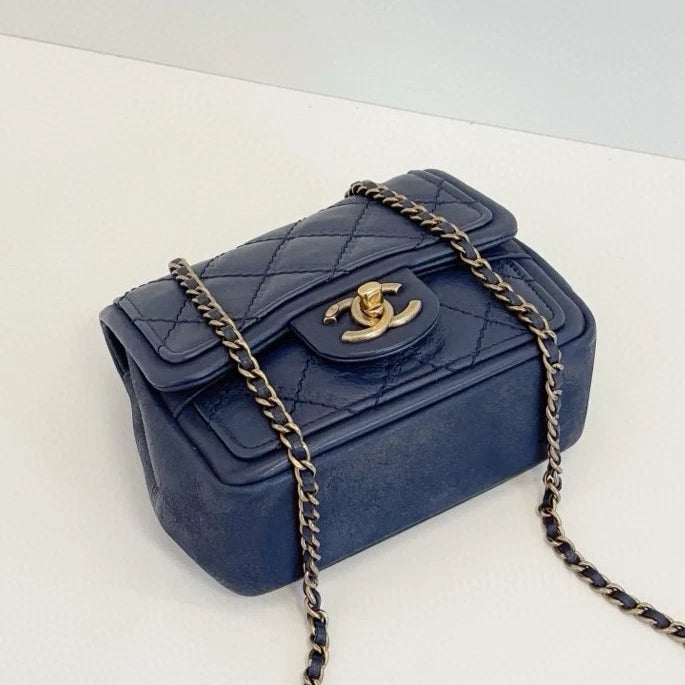 Chanel Classic Flap Chain Shoulder Bag Crossbody Blue Gold Women Diamond