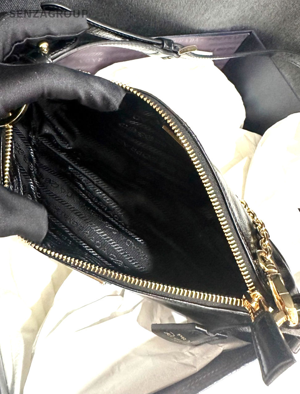 PRADA Triangular enamel metal Shoulder Handbag Black Gold Oil waxed leather