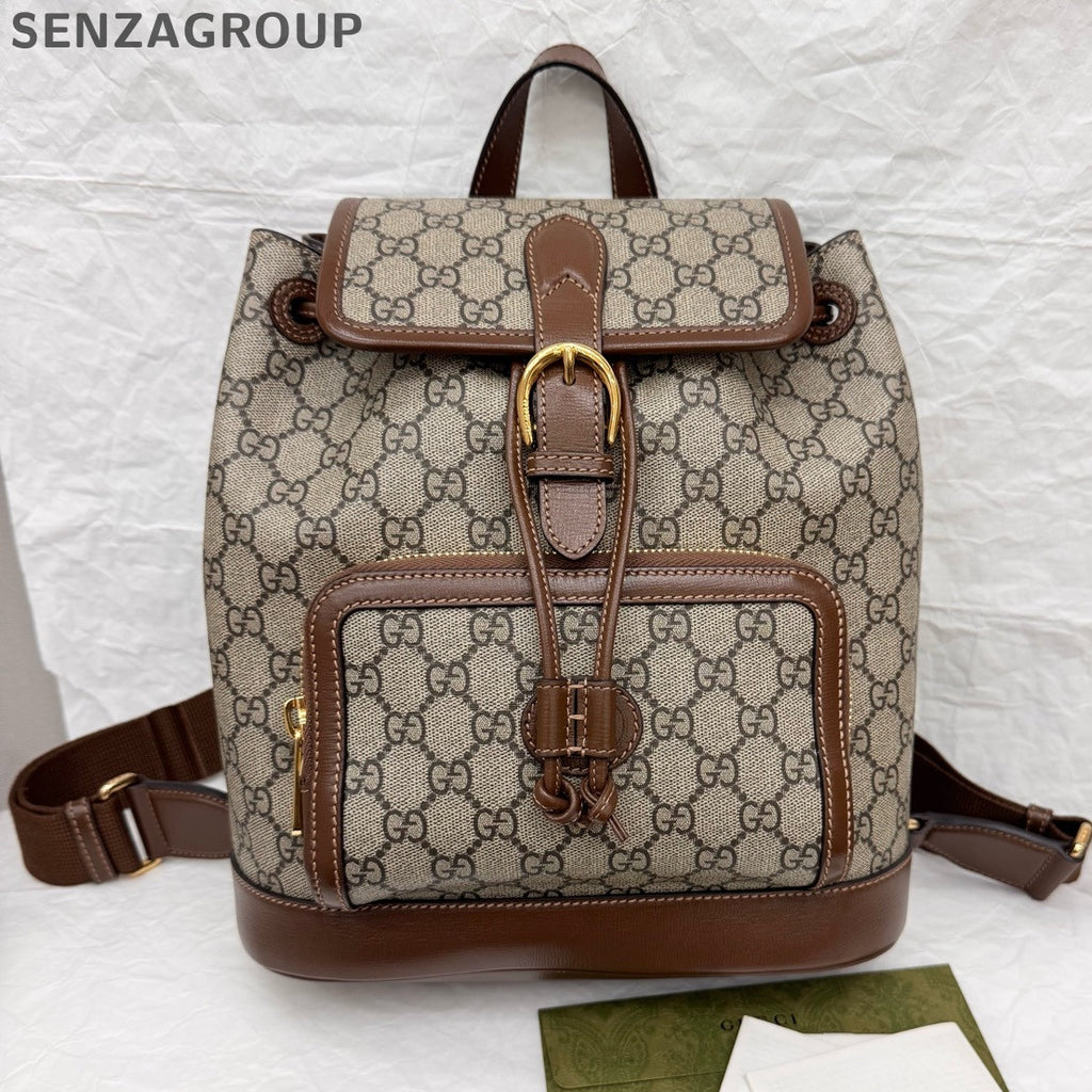 Gucci GG Supreme Backpack Brown Beige Retro Unisex Rucksack