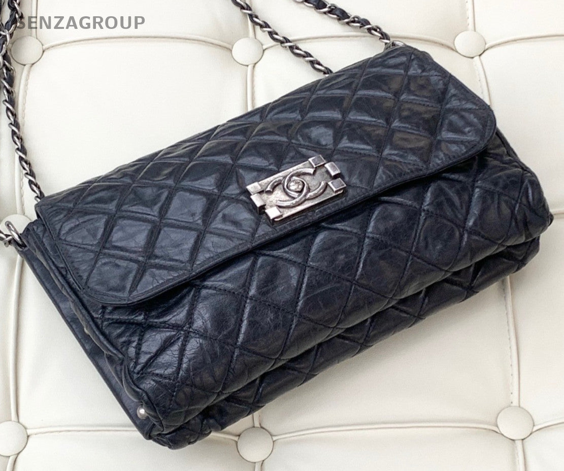 Chanel Leboy Calfskin Chain Shoulder Bag Black Silver Diamond Women Classic
