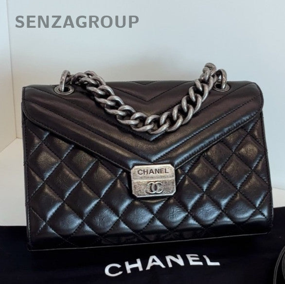 Chanel Calfskin Chain Top Handle Shoulder Bag Crossbody Black Silver Used Women