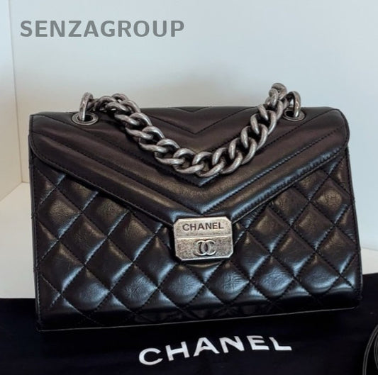 Chanel Calfskin Chain Top Handle Shoulder Bag Crossbody Black Silver Used Women