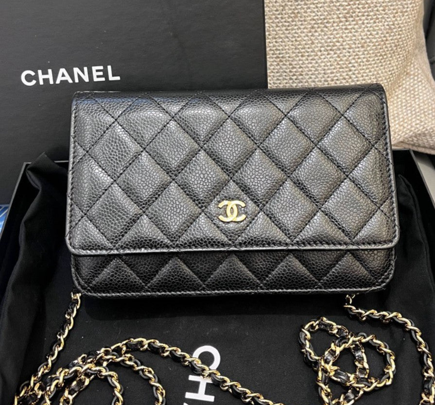 Chanel WOC Chain Crossbody Shoulder Bag Black Gold Diamond Women Classic