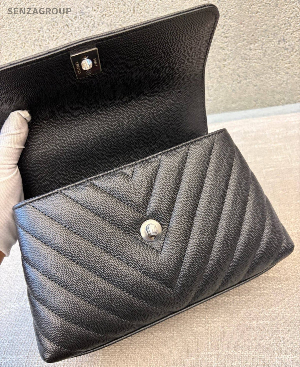 Chanel Coco Handle PM Top Handle Bag Chain Crossbody Chevron Black Silver Women