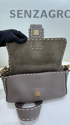 Fendi Baguette Medium Elephant Gray Gold Shoulder Crossbody Bag Women Classic
