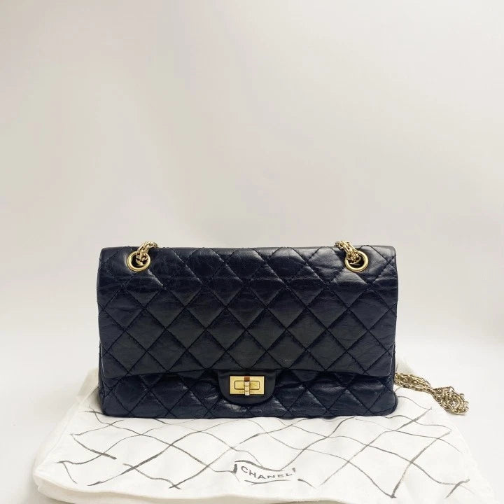 CHANEL 2.55 Medium Black Gold Crossbody Bag For Women