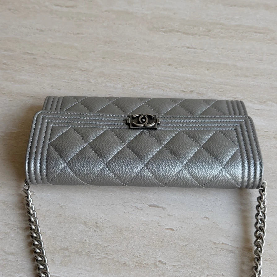Chanel Leboy Diamond Caviar Leather Silver Wallet Chain Shoulder Bag Crossbody