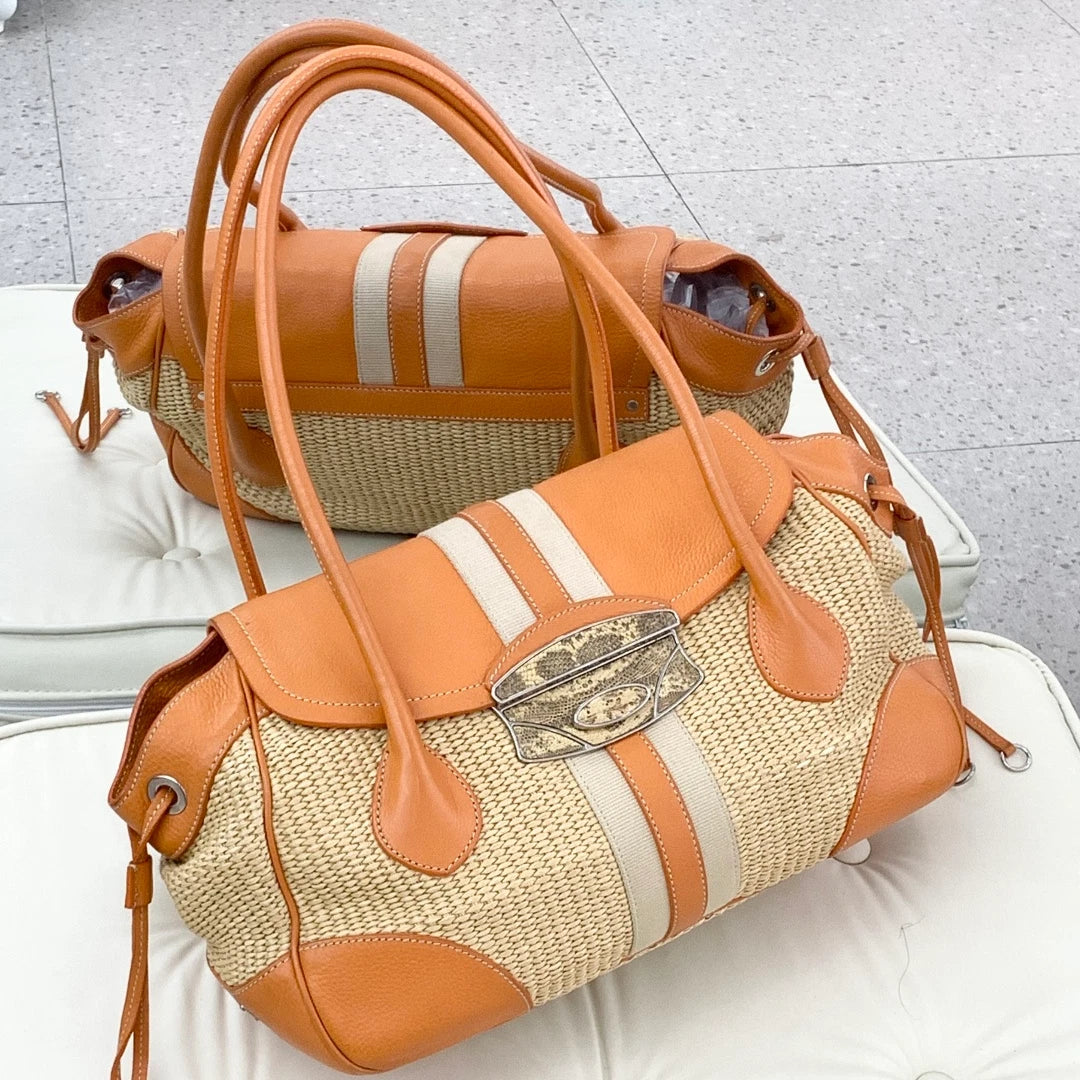 Prada Calfskin 2Ways Top Handle Shoulder Bag Orange Women Classic S