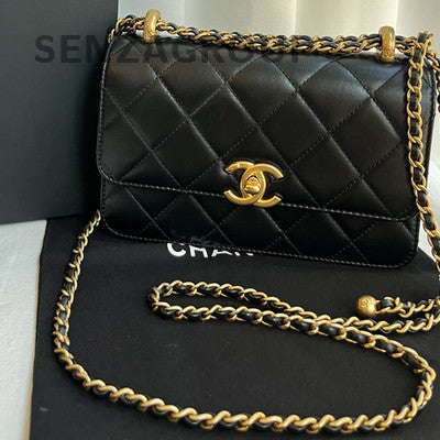 Chanel Black Gold CF Mini Flap Bag Quilted Chain Crossbody Women's Fashion