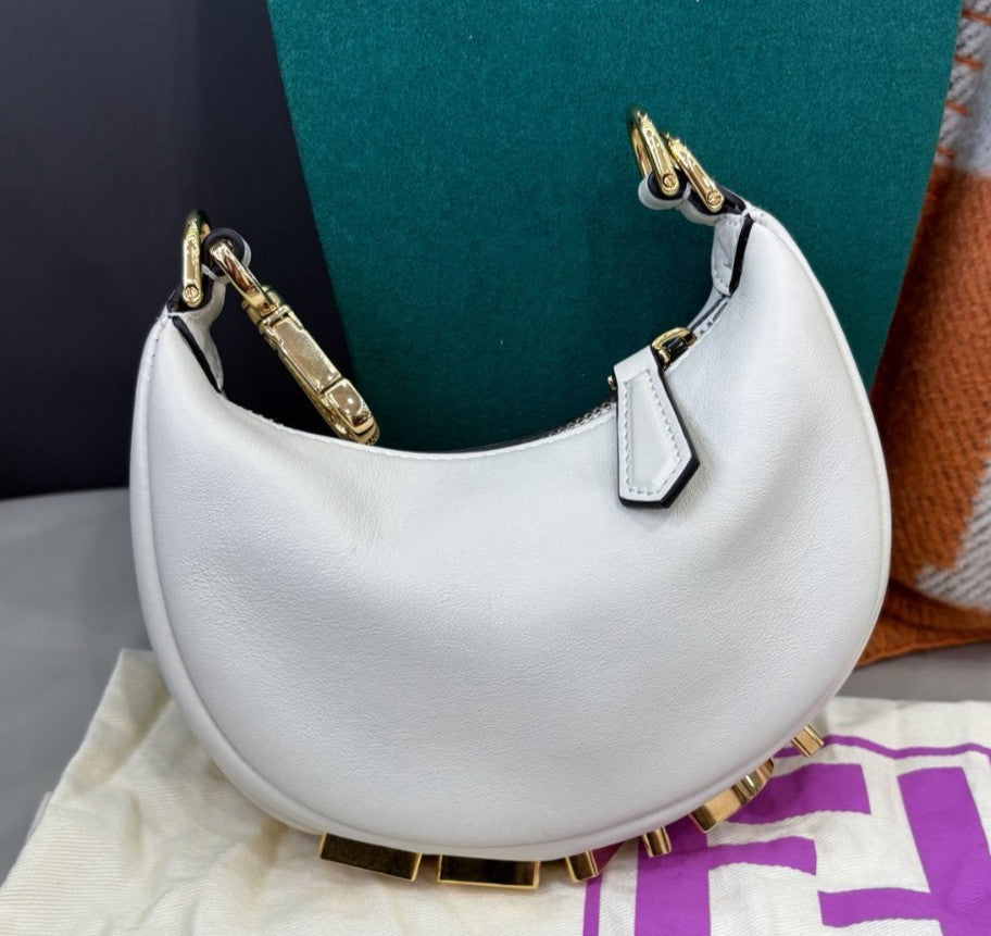 Fendi Graphy Nano Calfskin Wrist Bag White Gold Used Women Classic Fashion