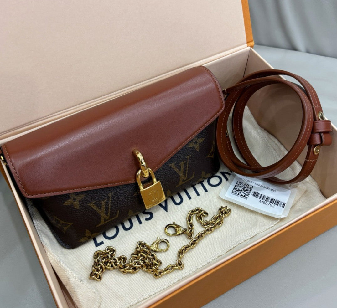 Louis Vuitton Padlock On Strap Chain Shoulder Bag Crossbody Brown Gold Women