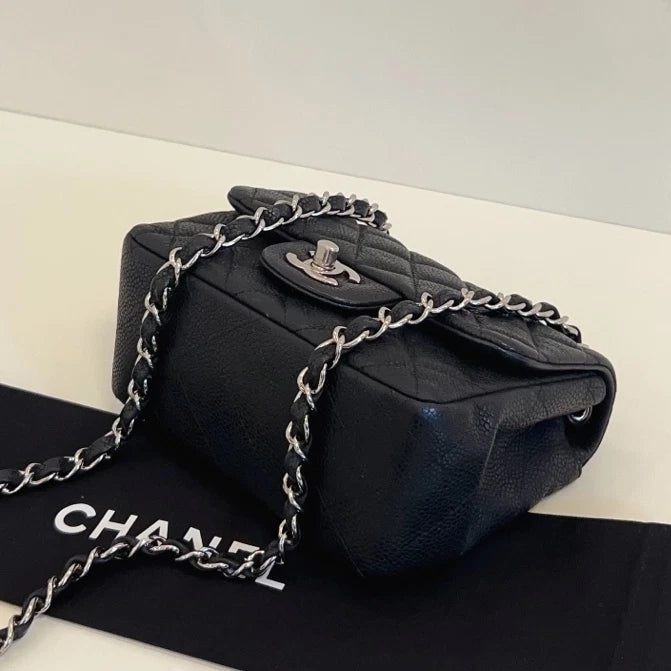 Chanel Classic Flap Chain Shoulder Crossbody Black Silver Women Diamond
