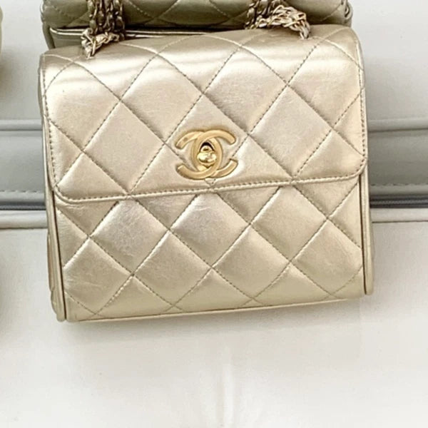 Chanel Lambskin Chain Top Handle Bag Diamond Gold Women Classic S