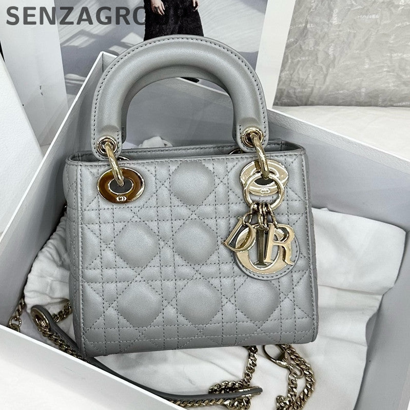 Dior Lady Dior Cannage Quilted Gray Gold Handbag Chain Strap
