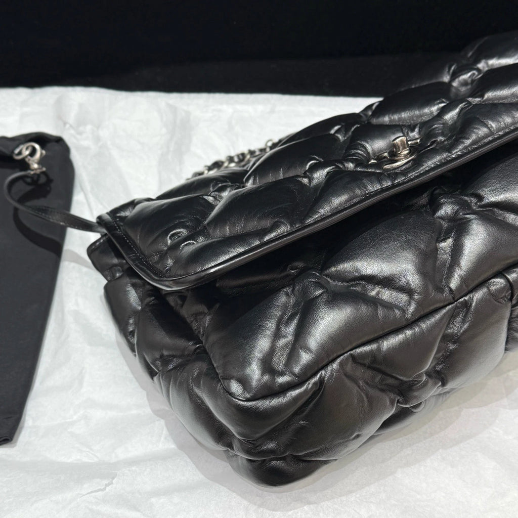 Chanel Classic Flap Jumbo Calfskin Chain Shoulder Bag Black Silver Women Diamond