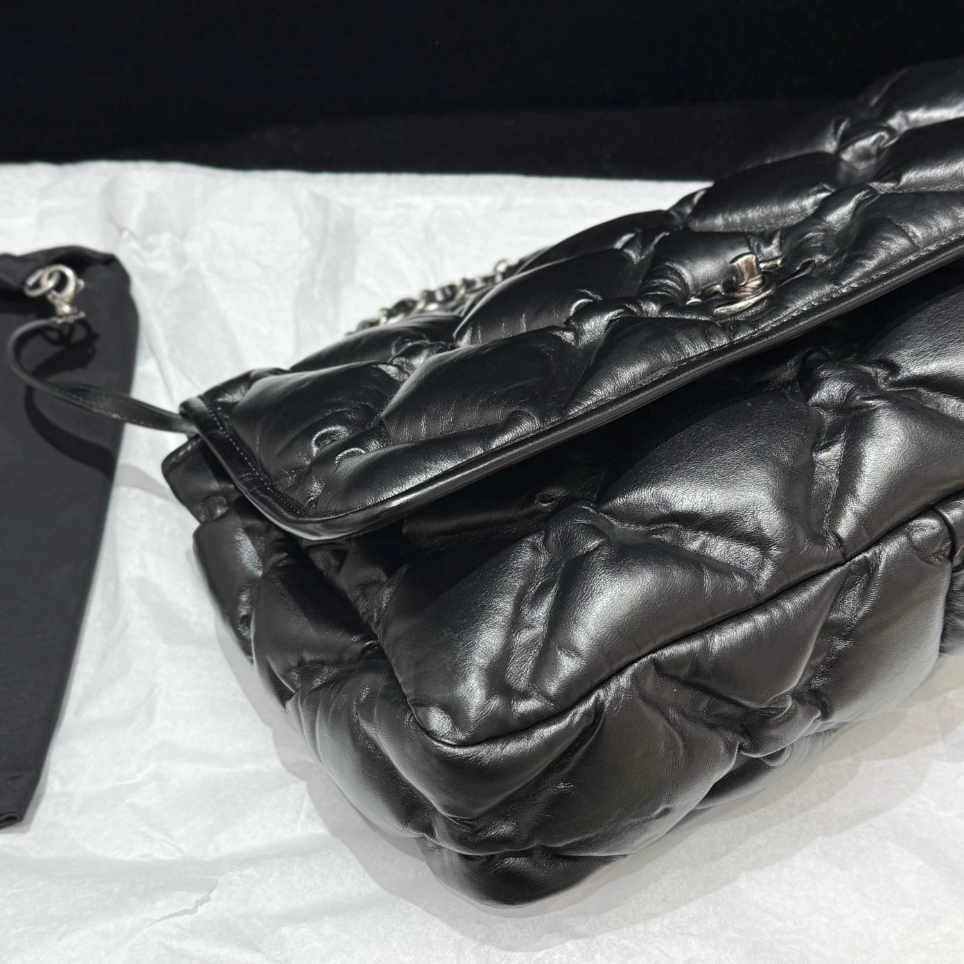 Chanel Classic Flap Jumbo Calfskin Chain Shoulder Bag Black Silver Women Diamond