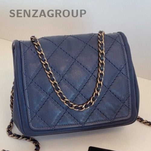 Chanel Classic Flap Chain Shoulder Bag Crossbody Blue Gold Used Women Fashion