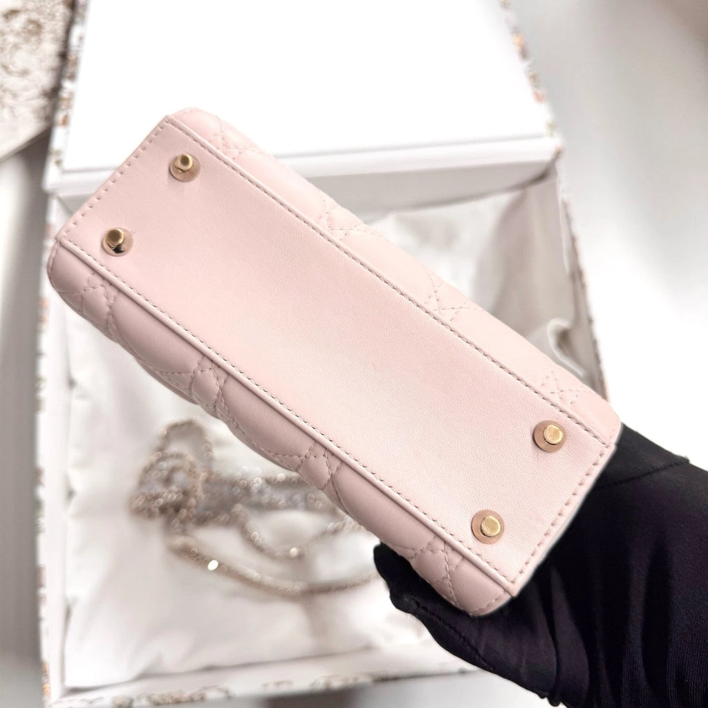 New Dior 3-Grid Lady Dior Pink White Leather Top Handle Bag For Women