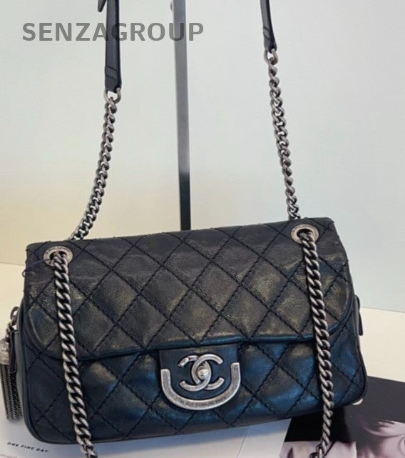 Chanel Classic Flap Calfskin Chain Shoulder Bag Silver Black Women Designer