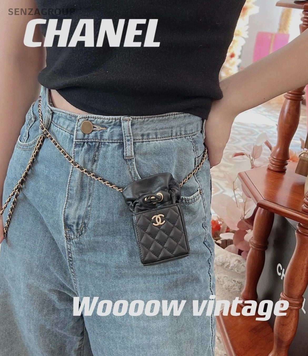CHANEL Drawstring NOE PURSE Chain Shoulder bag Crossbody Black Gold Women