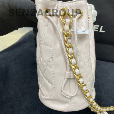 Chanel 21B White Gold Drawstring Chain Bucket Bag Quilted Crossbody
