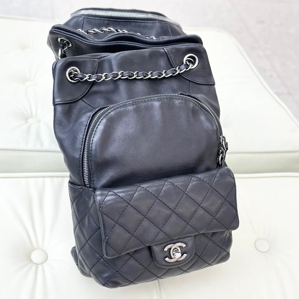 Chanel Backpack Calfskin Chain Black Silver Hardware Women Fashion S