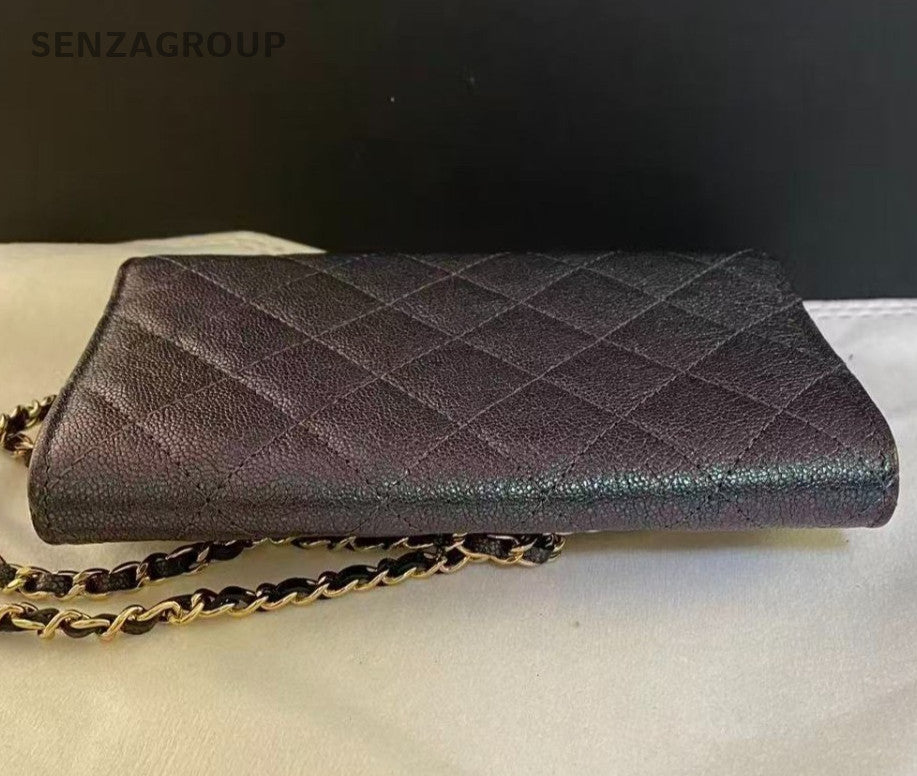 Chanel WOC Diamond Chain Shoulder Bag Black Gold Women Classic