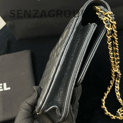 Chanel WOC Quilted Calfskin Double Chain Shoulder Crossbody Bag Black Gold