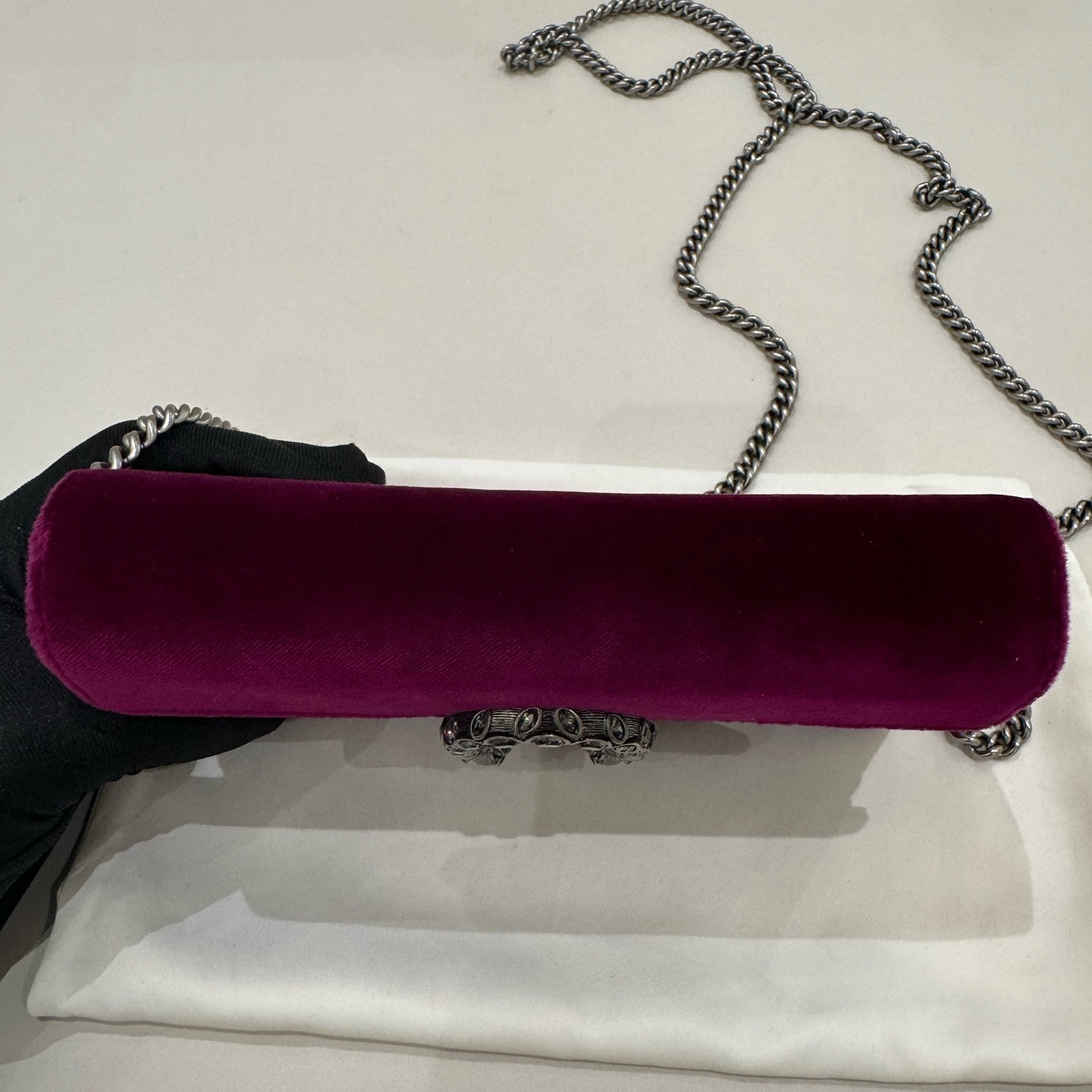 Gucci Dionysus Mini Chain Bag in Velvet, Burgundy with Silver Hardware