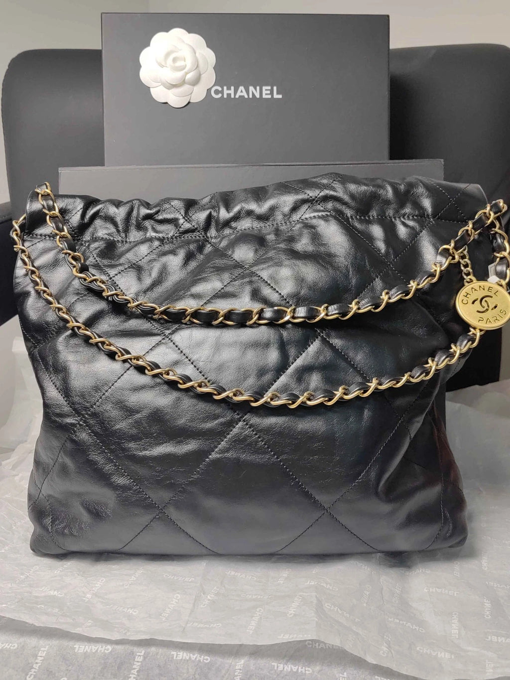 CHANEL 22 Bag Black Gold Medium Tote Shoulder Bag for Women
